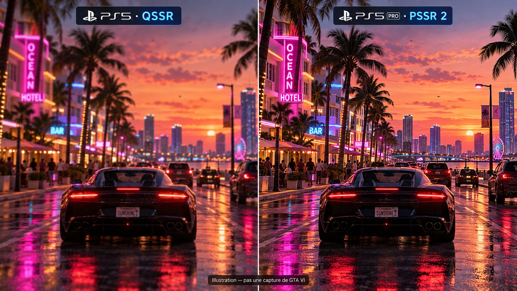 Illustration comparative fictive d’une même scène urbaine : rendu volontairement plus doux côté PS5 QSSR à gauche, plus net côté PS5 Pro PSSR 2 à droite. Ce n’est pas une capture de GTA 6 ni une mesure réelle des deux techniques.